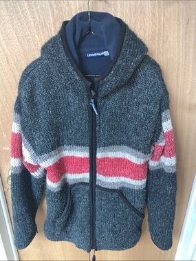 Laundromat Wool Men's Gray Hooded Zip-Up Sweater with Red and Cream Stripes